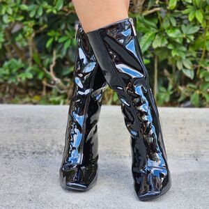 Women Mid Calf Square Toe Heel Boot Black Color